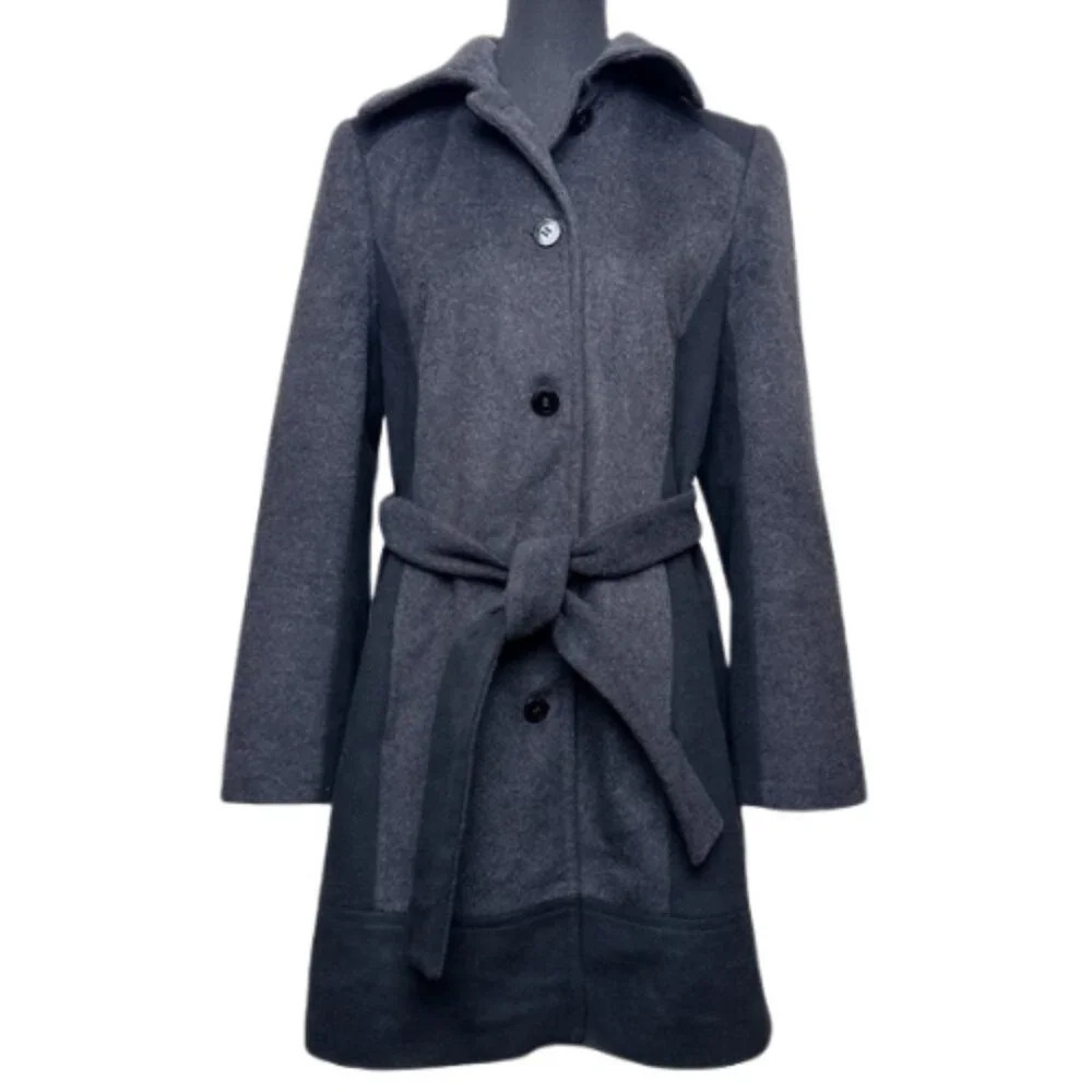 Calvin Klein Womens 6 Wool Belted Colorblock Mid Length Coat In Grey Black